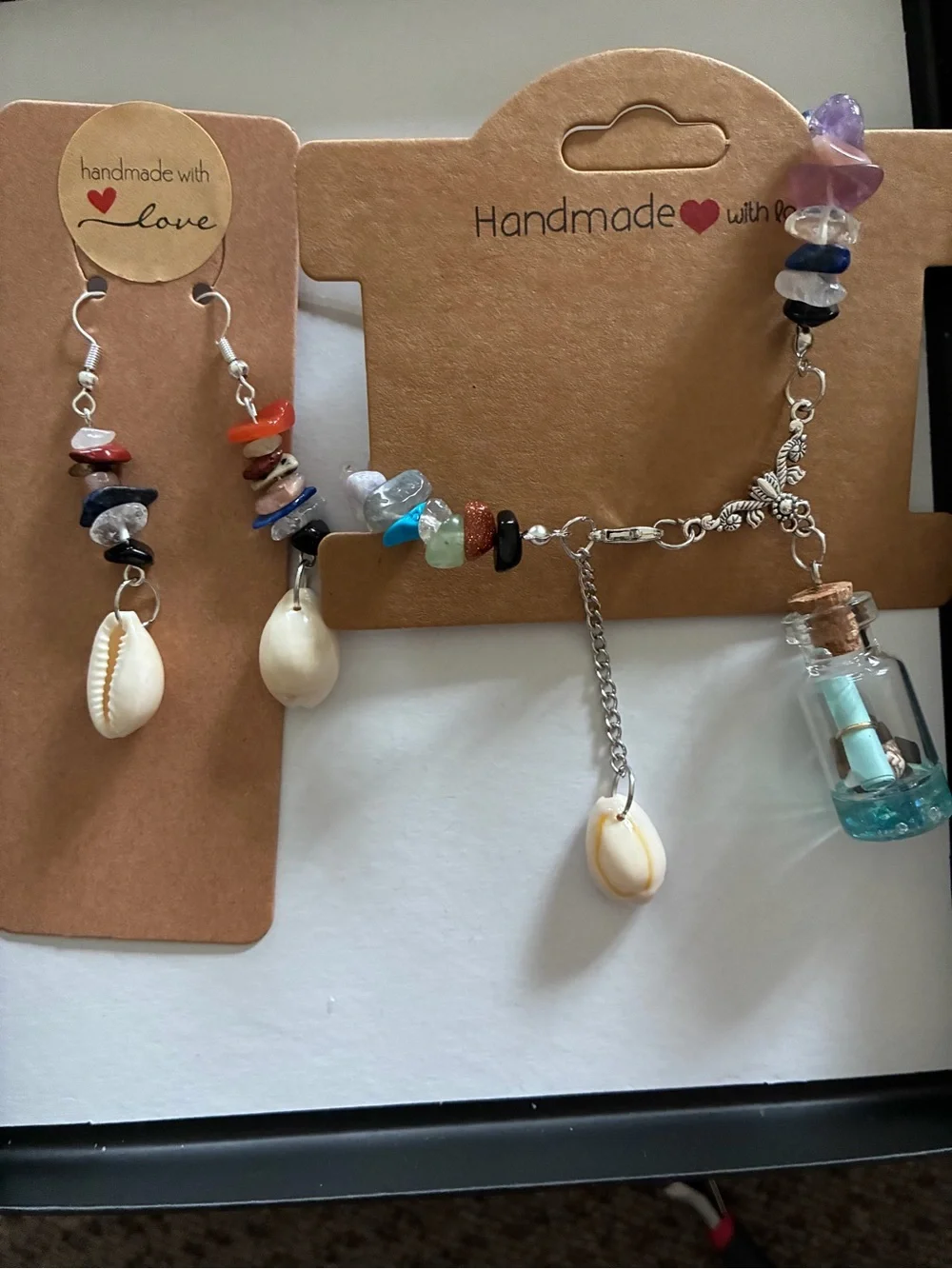 Handmade Multicolor Beaded Shell Bracelet with Glass Bottle Charm and earrings